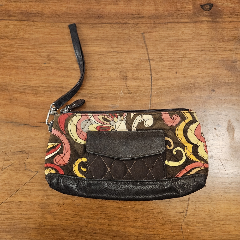 Vera‎ Bradley Wristlet Wallet Puccini Brown Floral Swirl Small Make Up Pouch Bag